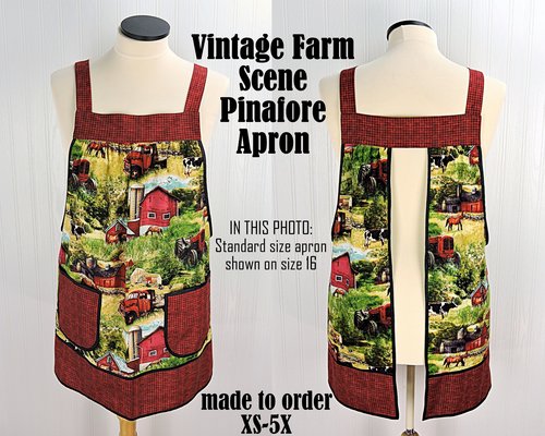 Vintage Farm Scene Pinafore with no ties, relaxed fit smock with pockets, Red Barn- Truck- Horses- Cows- Tractor