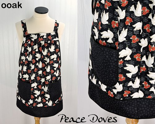 Peace Doves Pinafore with no ties, relaxed fit smock with pockets fits L/XL/2X, Christmas baking apron ready to ship now