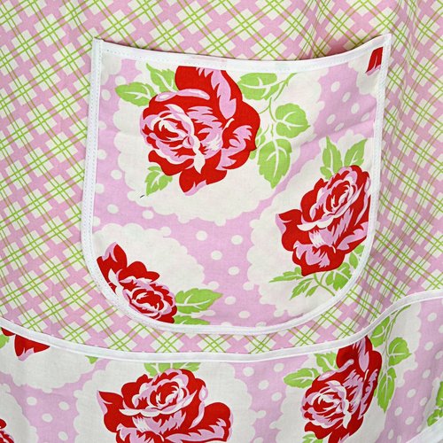 SHIPS FAST ~ Lulu Roses on Pink Plaid Pinafore with no ties, relaxed fit smock with pockets, Valentine Apron (fits L/XL/2X) Ready to Ship