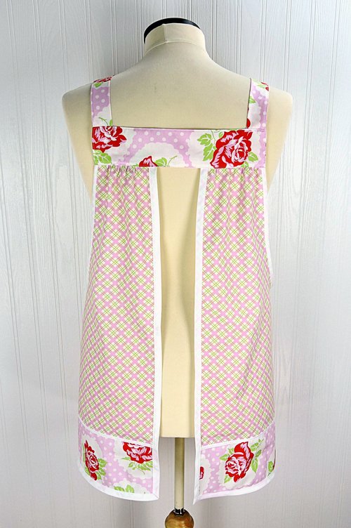 SHIPS FAST ~ Lulu Roses on Pink Plaid Pinafore with no ties, relaxed fit smock with pockets, Valentine Apron (fits L/XL/2X) Ready to Ship
