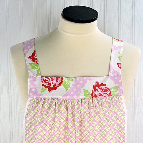 SHIPS FAST ~ Lulu Roses on Pink Plaid Pinafore with no ties, relaxed fit smock with pockets, Valentine Apron (fits L/XL/2X) Ready to Ship