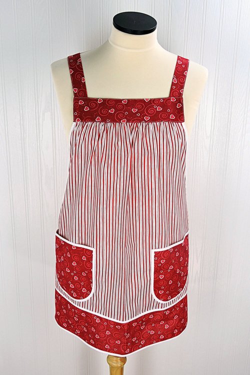 Red Stripe Valentine Pinafore with no ties, relaxed fit smock with pockets, standard size Red Heart Apron L/XL/2X, Ready to Ship