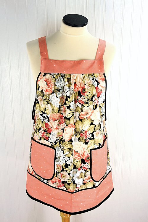 Peachy Floral Pinafore with no ties, relaxed fit smock with pockets, made to order XS to 5X plus size, pretty flower apron