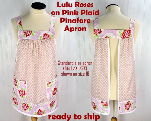 SHIPS FAST ~ Lulu Roses on Pink Plaid Pinafore with no ties, relaxed fit smock with pockets, Valentine Apron (fits L/XL/2X) Ready to Ship