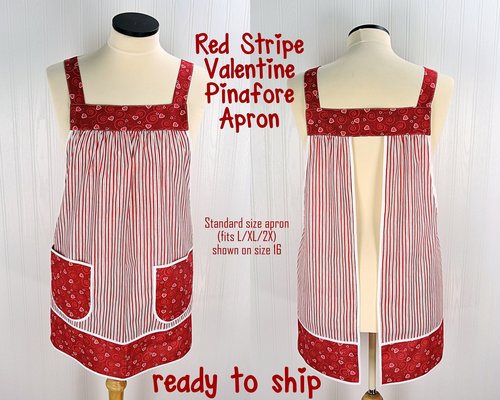Red Stripe Valentine Pinafore with no ties, relaxed fit smock with pockets, standard size Red Heart Apron L/XL/2X, Ready to Ship