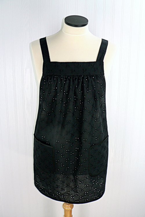 Black Eyelet Pinafore Apron with no ties, relaxed fit smock with pockets, XS - 5X made to order, lightweight and airy cover-up