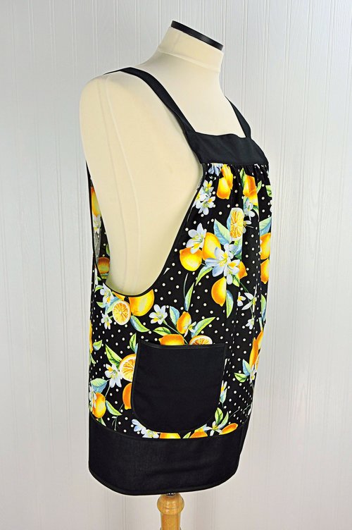 Lemon Fresh Pinafore Apron with no ties, relaxed fit smock apron made to order XS to 5X, spring & summer retro apron, colorful citrus apron