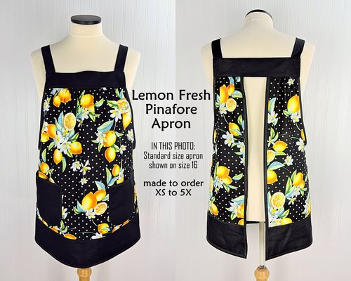 Lemon Fresh Pinafore Apron with no ties, relaxed fit smock apron made to order XS to 5X, spring & summer retro apron, colorful citrus apron