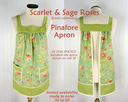 Scarlet & Sage Roses (in POND colorway) Pinafore Apron with no ties, relaxed fit smock with pockets, made to order XS - 5X