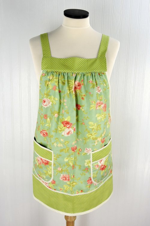 Scarlet & Sage Roses (in POND colorway) Pinafore Apron with no ties, relaxed fit smock with pockets, made to order XS - 5X