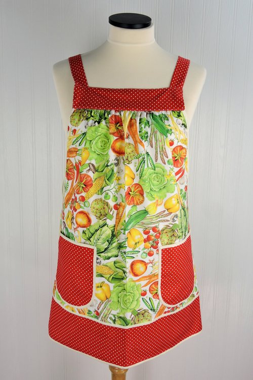 Veggie Patch Pinafore with no ties, relaxed fit smock with pockets, garden harvest kitchen apron, 3 sizes made to order, XS to 5X plus size
