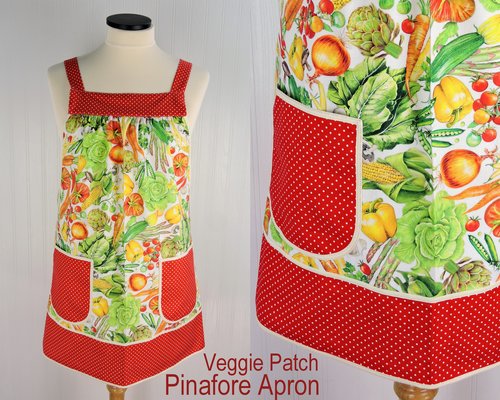 Veggie Patch Pinafore with no ties, relaxed fit smock with pockets, garden harvest kitchen apron, 3 sizes made to order, XS to 5X plus size