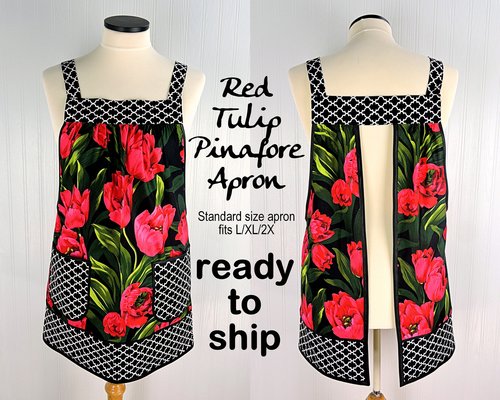 Red Tulips Pinafore Apron with no ties, plus size smock apron with pockets, Standard Size (fits L/XL/2X) ready to ship now