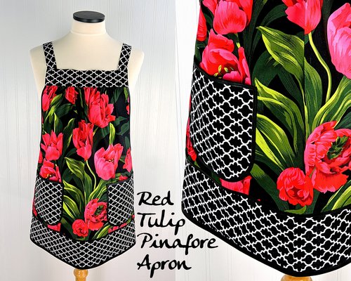 Red Tulips Pinafore Apron with no ties, plus size smock apron with pockets, Standard Size (fits L/XL/2X) ready to ship now