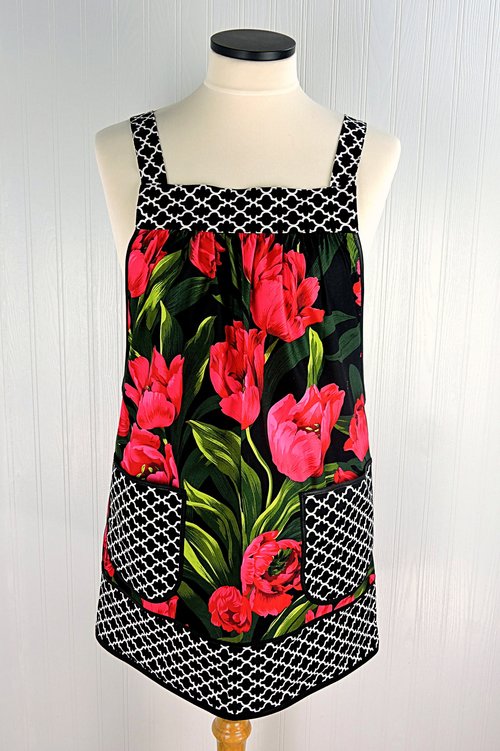 Red Tulips Pinafore Apron with no ties, plus size smock apron with pockets, Standard Size (fits L/XL/2X) ready to ship now