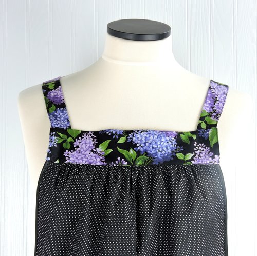 SHIPS FAST ~ Lilac Pindot Pinafore Apron with no ties, relaxed fit smock with pockets, spring floral apron fits L/XL/2X, ready to ship