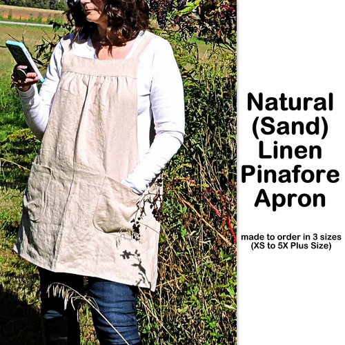Natural (Sand) Washed Linen Pinafore Apron with no ties, 100% flax linen relaxed fit smock with pockets, handmade after order XS - 5X
