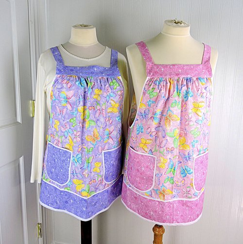 Pink Glitzy Butterflies Pinafore with no ties, relaxed fit smock apron with pockets, colorful with a bit of sparkle XS -5X