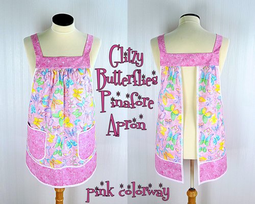 Pink Glitzy Butterflies Pinafore with no ties, relaxed fit smock apron with pockets, colorful with a bit of sparkle XS -5X