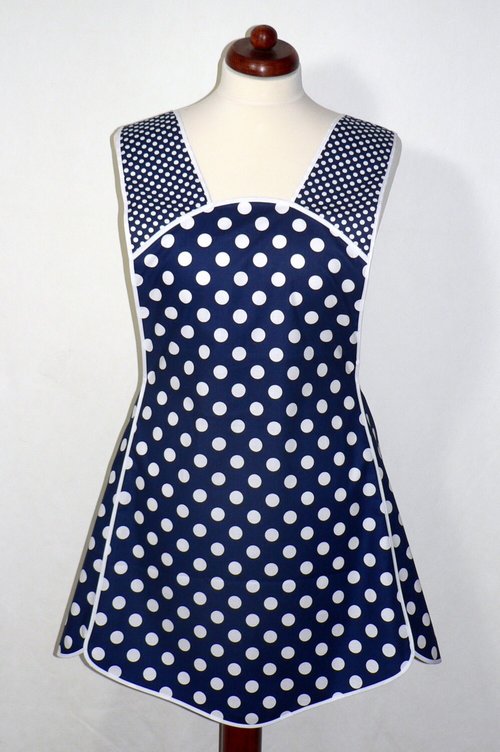 Navy Blue Polka Dot Retro 50s Smock, relaxed fit H-back apron (no ties at neck) XS to 4X made to order w/ pocket options