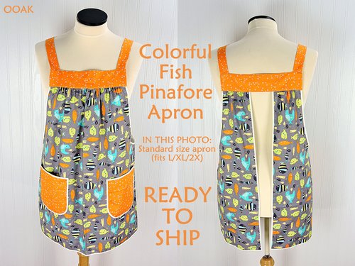 SHIPS FAST~ Colorful Fish Pinafore Apron, swim-suit cover-up, relaxed fit smock with pockets fits L/XL/2X, ready to ship