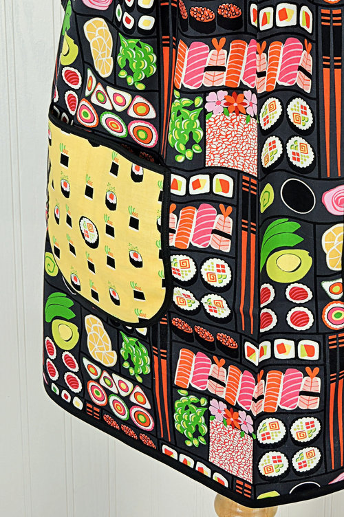 I Love Sushi Pinafore Apron with no ties, Japanese bento box on gray, relaxed fit smock with pockets fits L/XL/2X, Ready to Ship