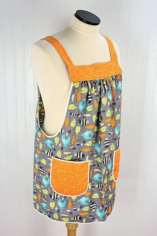 SHIPS FAST~ Colorful Fish Pinafore Apron, swim-suit cover-up, relaxed fit smock with pockets fits L/XL/2X, ready to ship