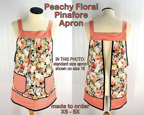 Peachy Floral Pinafore with no ties, relaxed fit smock with pockets, made to order XS to 5X plus size, pretty flower apron