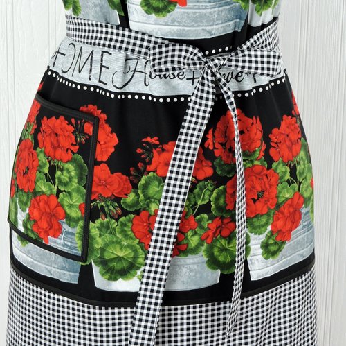 SHIPS FAST~ Geraniums Chef's Apron with pocket, pretty hostess apron, retro kitchen decor, one-size-fits-most, Red Geranium & Black Gingham