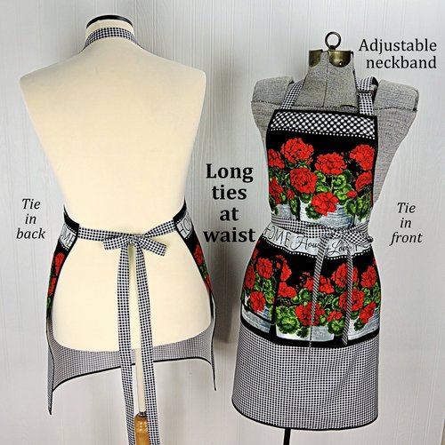 SHIPS FAST~ Geraniums Chef's Apron with pocket, pretty hostess apron, retro kitchen decor, one-size-fits-most, Red Geranium & Black Gingham