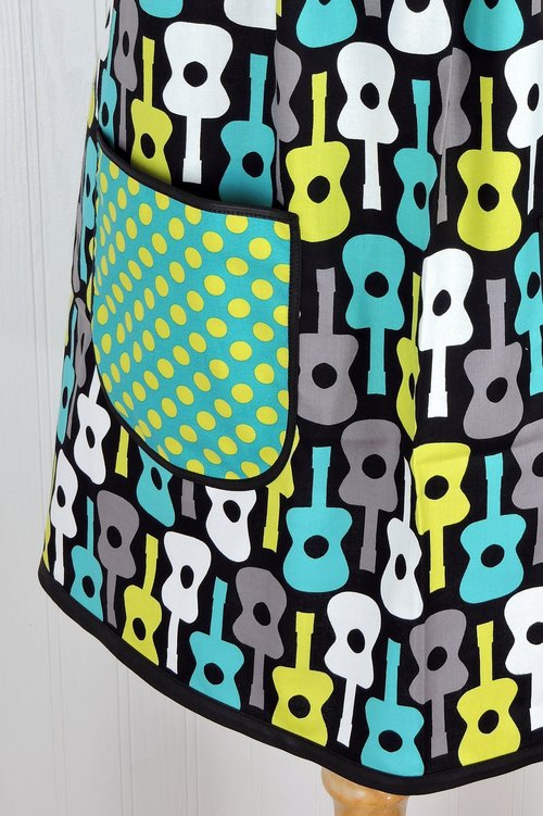 Groovy Guitars Pinafore Apron with no ties, relaxed fit smock with pockets, Lagoon colorway, made to order XS to 5X