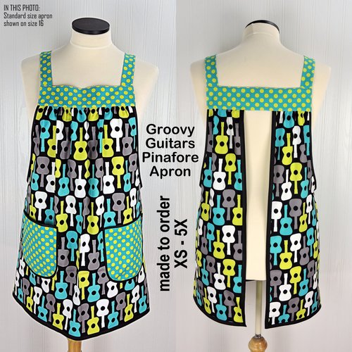 Groovy Guitars Pinafore Apron with no ties, relaxed fit smock with pockets, Lagoon colorway, made to order XS to 5X