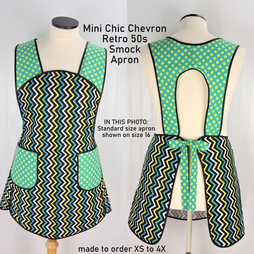 Mini Chic Chevron in Lagoon, Retro 50s Smock Apron with pockets, relaxed fit with no neck ties (H-back apron) made to order XS to 4X
