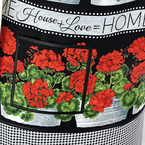 SHIPS FAST~ Geraniums Chef's Apron with pocket, pretty hostess apron, retro kitchen decor, one-size-fits-most, Red Geranium & Black Gingham