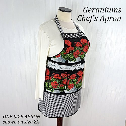 SHIPS FAST~ Geraniums Chef's Apron with pocket, pretty hostess apron, retro kitchen decor, one-size-fits-most, Red Geranium & Black Gingham