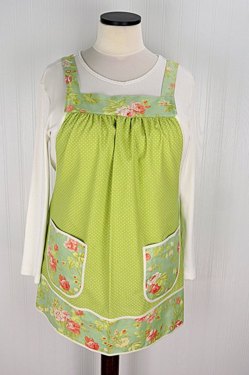SHIPS FAST~ Scarlet & Sage Roses Pinafore Apron with no ties, relaxed fit smock with pockets, standard size apron fits L/XL/2X