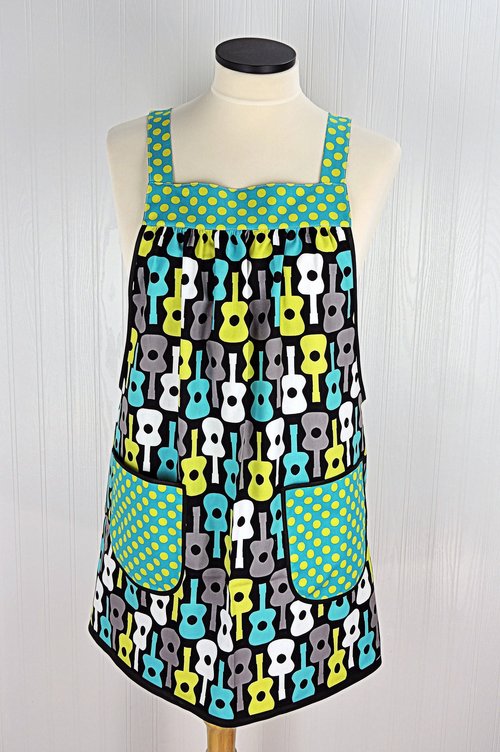 Groovy Guitars Pinafore Apron with no ties, relaxed fit smock with pockets, Lagoon colorway, made to order XS to 5X