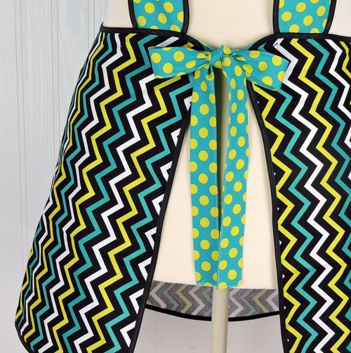 Mini Chic Chevron in Lagoon, Retro 50s Smock Apron with pockets, relaxed fit with no neck ties (H-back apron) made to order XS to 4X