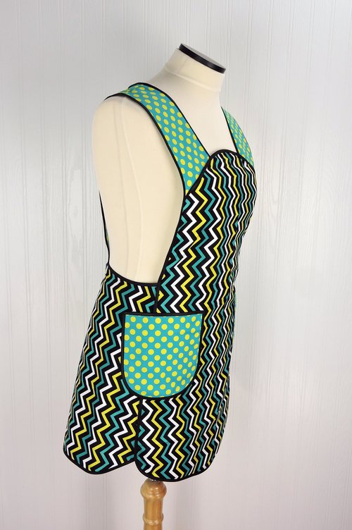 Mini Chic Chevron in Lagoon, Retro 50s Smock Apron with pockets, relaxed fit with no neck ties (H-back apron) made to order XS to 4X