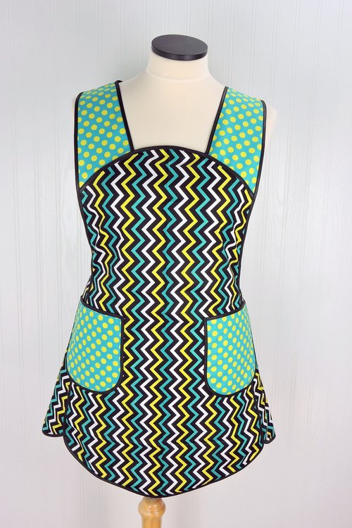 Mini Chic Chevron in Lagoon, Retro 50s Smock Apron with pockets, relaxed fit with no neck ties (H-back apron) made to order XS to 4X