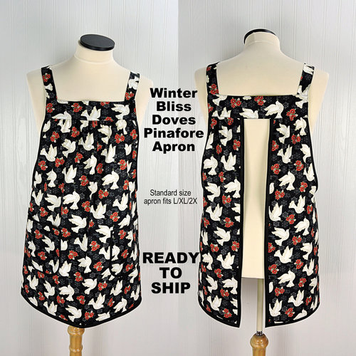 SHIPS FAST~ Winter Bliss Peace Doves Pinafore with no ties, relaxed fit smock with pockets fits L/XL/2X, Christmas apron ready to ship