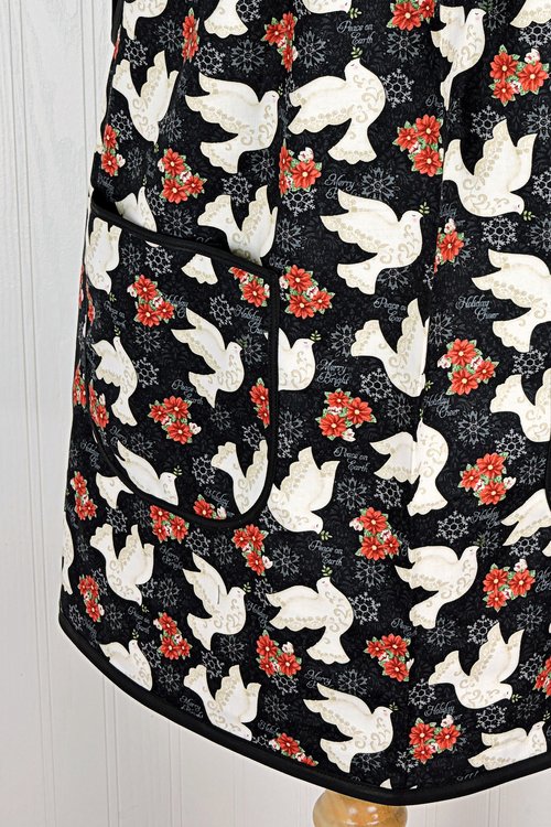 Winter Bliss Peace Doves Pinafore with no ties, relaxed fit smock with pockets fits L/XL/2X, Christmas apron ready to ship