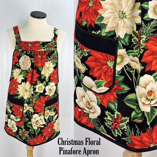 Christmas Floral Pinafore with no ties, relaxed fit smock with pockets fits L/XL/2X, Xmas baking apron, ready to ship