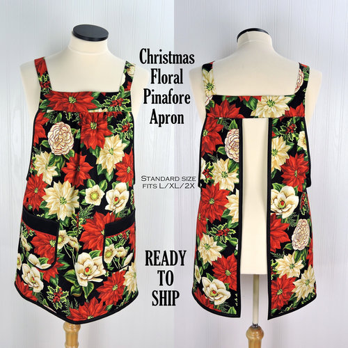 Christmas Floral Pinafore with no ties, relaxed fit smock with pockets fits L/XL/2X, Xmas baking apron, ready to ship