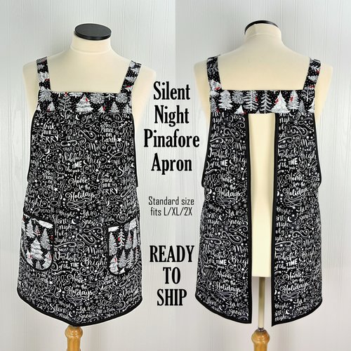 SHIPS FAST~ Silent Night Holiday Script Pinafore with no ties, Relaxed Fit Smock with pockets, Standard Size fits L/XL/2X, Christmas apron