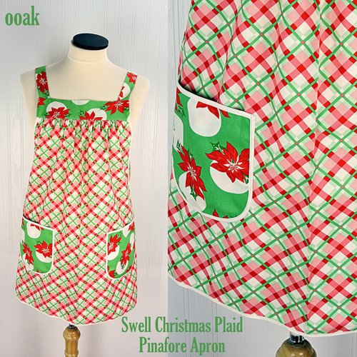 SHIPS FAST~ Swell Christmas Plaid Pinafore with no ties, relaxed fit smock with pockets fits L/XL/2X, Christmas baking apron, one of a kind