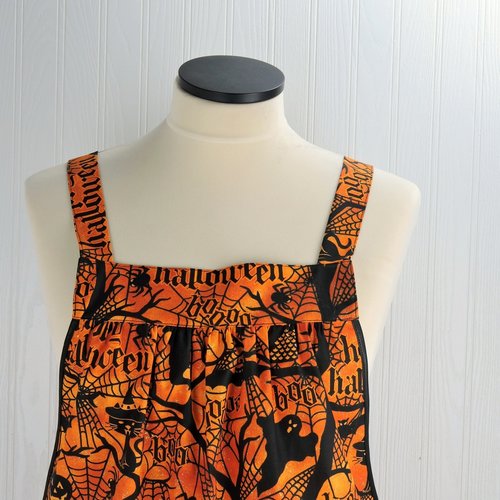 Haunted Forest Pinafore Apron with no ties, relaxed fit smock with pockets fits L/XL/2X, black and orange Halloween apron, Ready to Ship