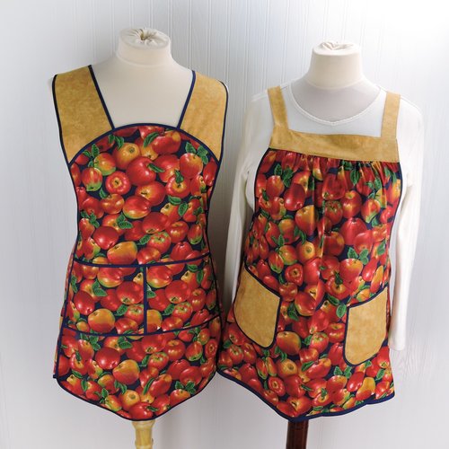 Apple Harvest 50s Smock Apron with kangaroo pocket, relaxed fit with no neck ties (H-back apron) fits sizes large or X-large, ships fast