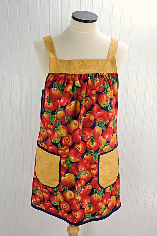 SHIPS FAST~ Apple Harvest Pinafore Apron with no ties, relaxed fit smock with pockets, standard size fits L-XL-2X, ready to ship