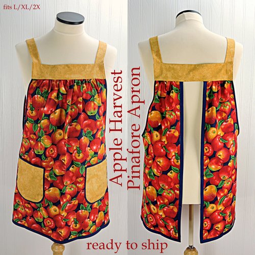 SHIPS FAST~ Apple Harvest Pinafore Apron with no ties, relaxed fit smock with pockets, standard size fits L-XL-2X, ready to ship